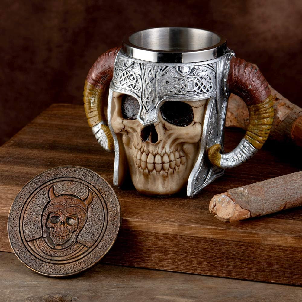 Viking Stainless Steel Skull Mug with Coaster, Horn Skull Beer Tankard, Medieval Drinkware for Coffee, Beverage, Juice - 17Oz