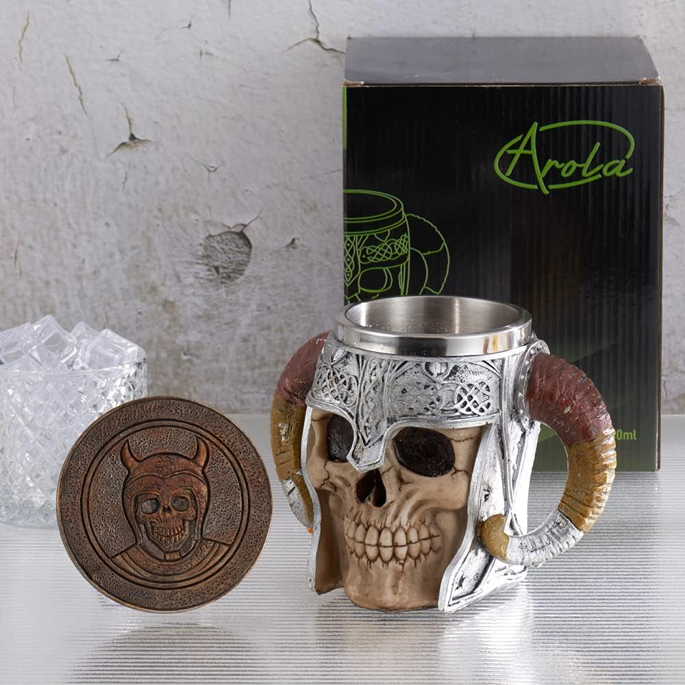 Viking Stainless Steel Skull Mug with Coaster, Horn Skull Beer Tankard, Medieval Drinkware for Coffee, Beverage, Juice - 17Oz