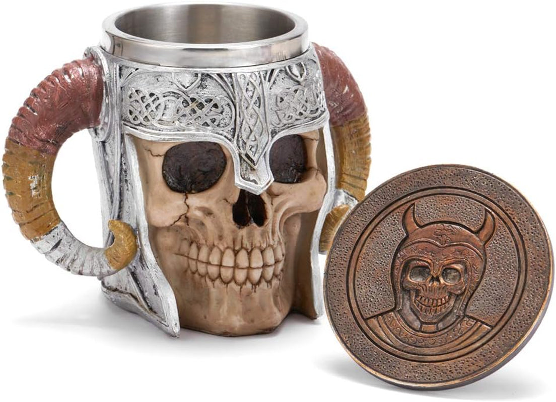 Viking Stainless Steel Skull Mug with Coaster, Horn Skull Beer Tankard, Medieval Drinkware for Coffee, Beverage, Juice - 17Oz