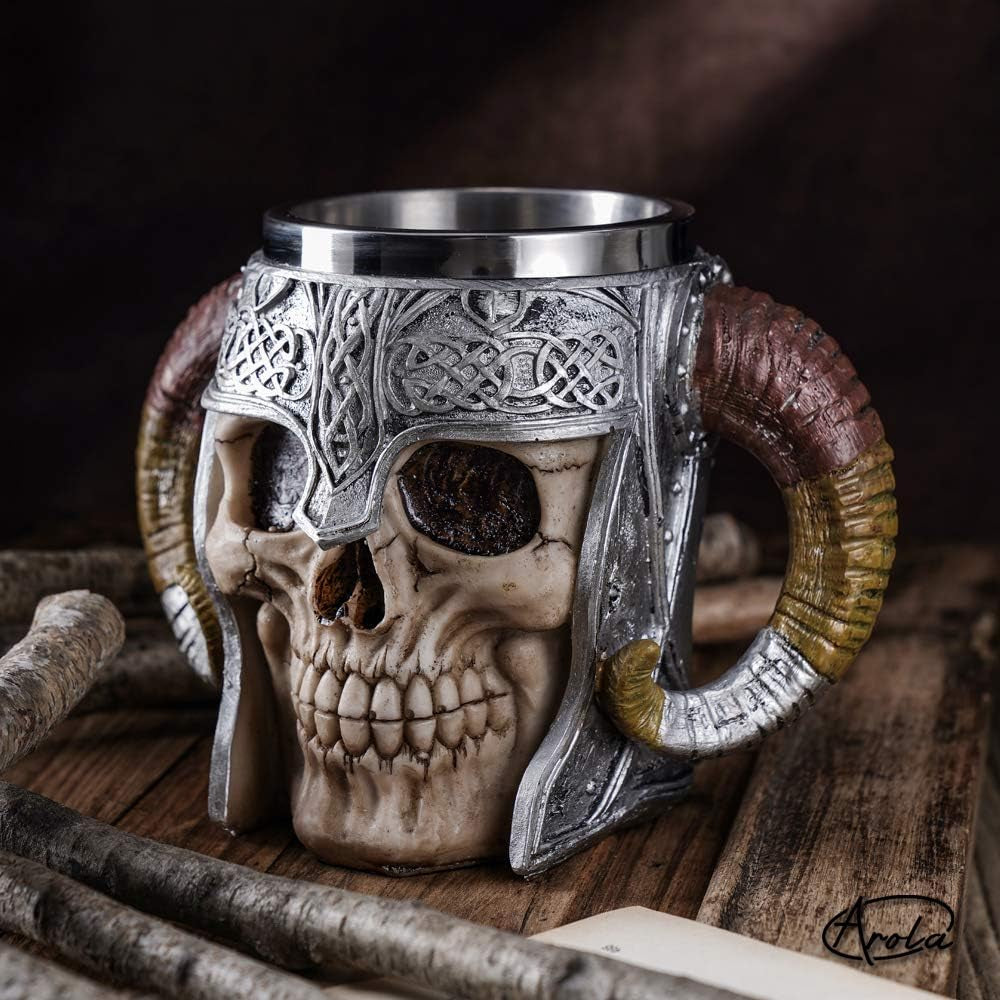 Viking Stainless Steel Skull Mug with Coaster, Horn Skull Beer Tankard, Medieval Drinkware for Coffee, Beverage, Juice - 17Oz
