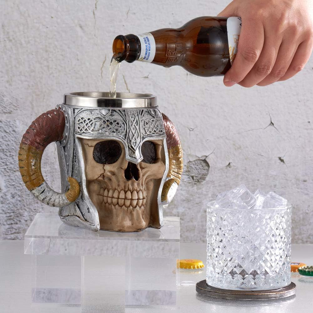 Viking Stainless Steel Skull Mug with Coaster, Horn Skull Beer Tankard, Medieval Drinkware for Coffee, Beverage, Juice - 17Oz