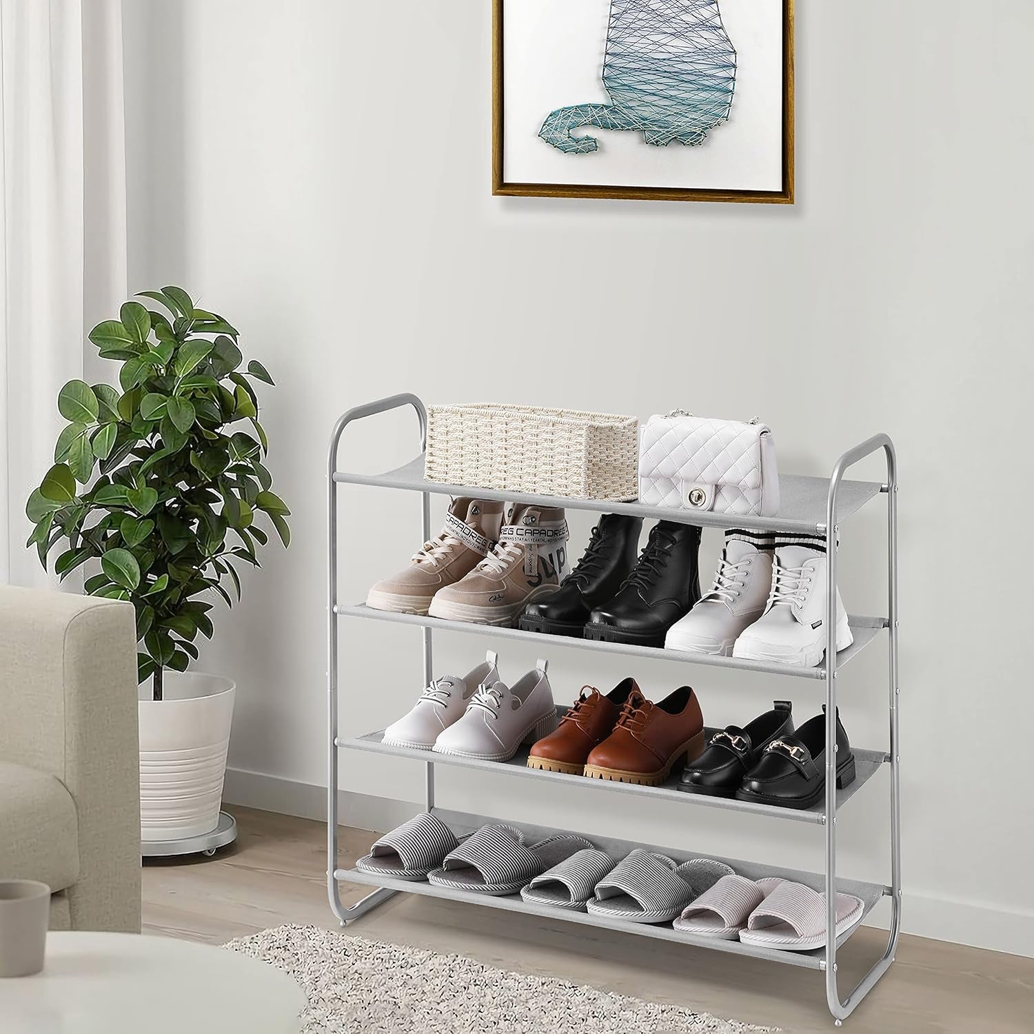 4 Tier Shoe Rack Storage Organinzer 4 Shelf Shoe Rack Organizer，Entrance Fabric Shoe Shelf Small for Closet Entryway Hallway Bedroom(Light Gray)
