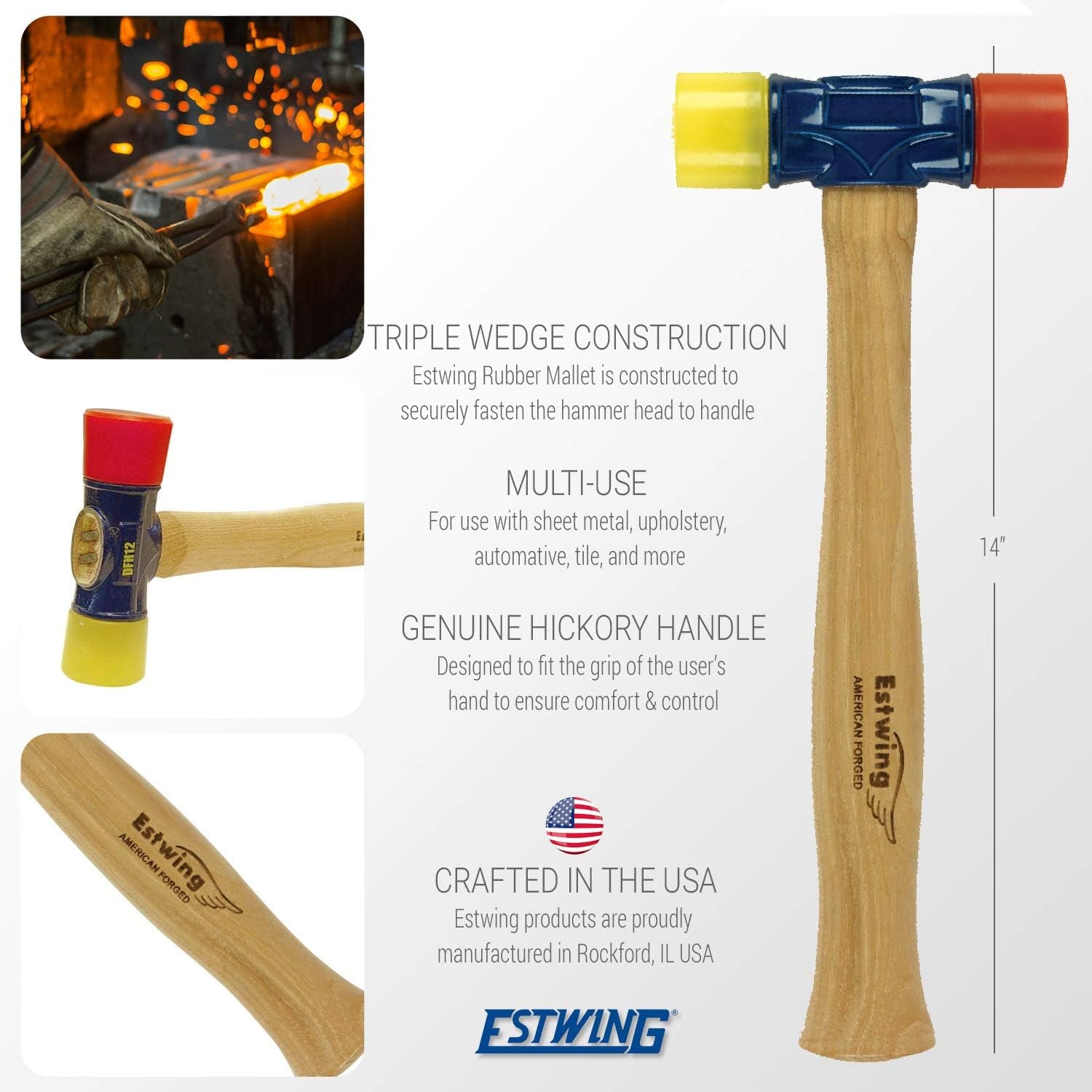 ESTWING DFH-12 Rubber Mallet, 12 Oz Double-Face Hammer W/ Soft & Hard Tips, Hick
